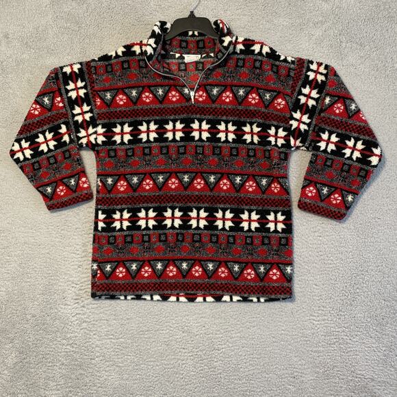 Tapemeasure Tops - VTG TAPEMEASURE Womens S Red Black White Geometric Fleece Quarter Zip Pullover